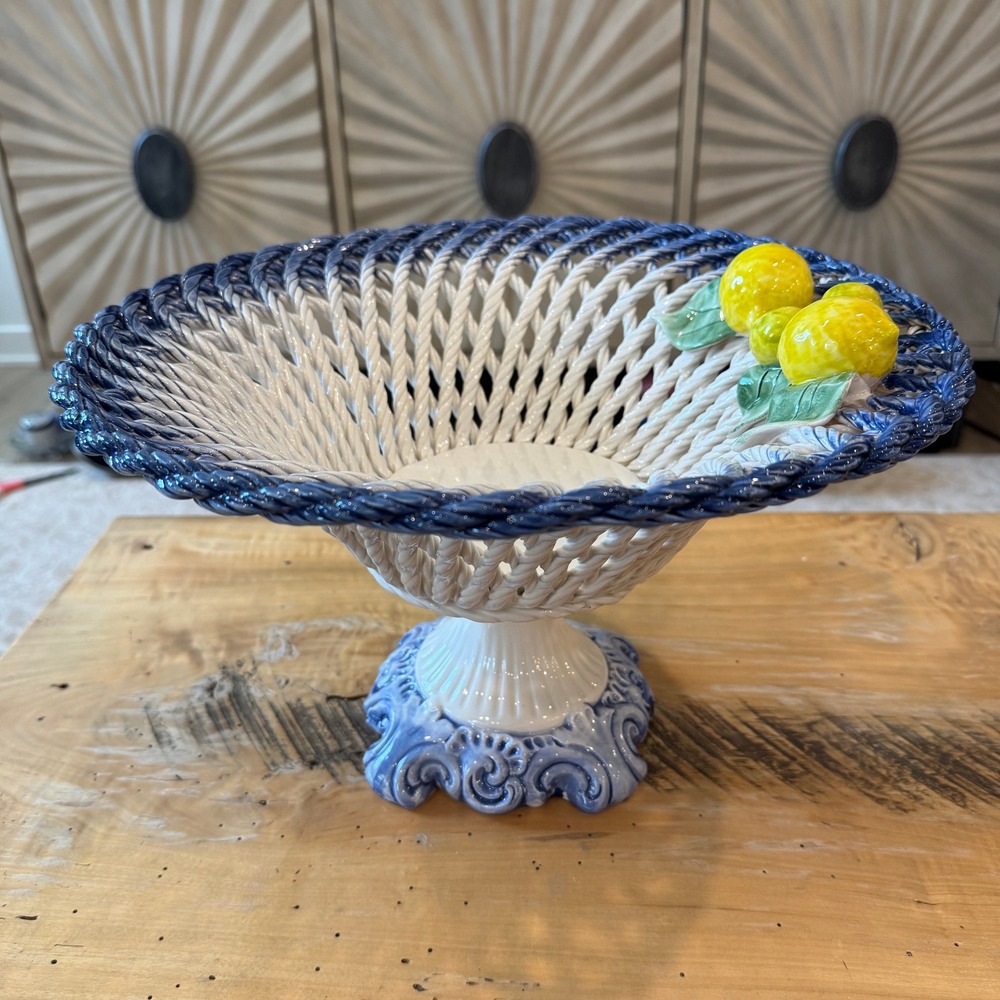 Lanzarin Italian Woven Lattice Ceramic Pedestal Lemon Basket Hand Made in Italy